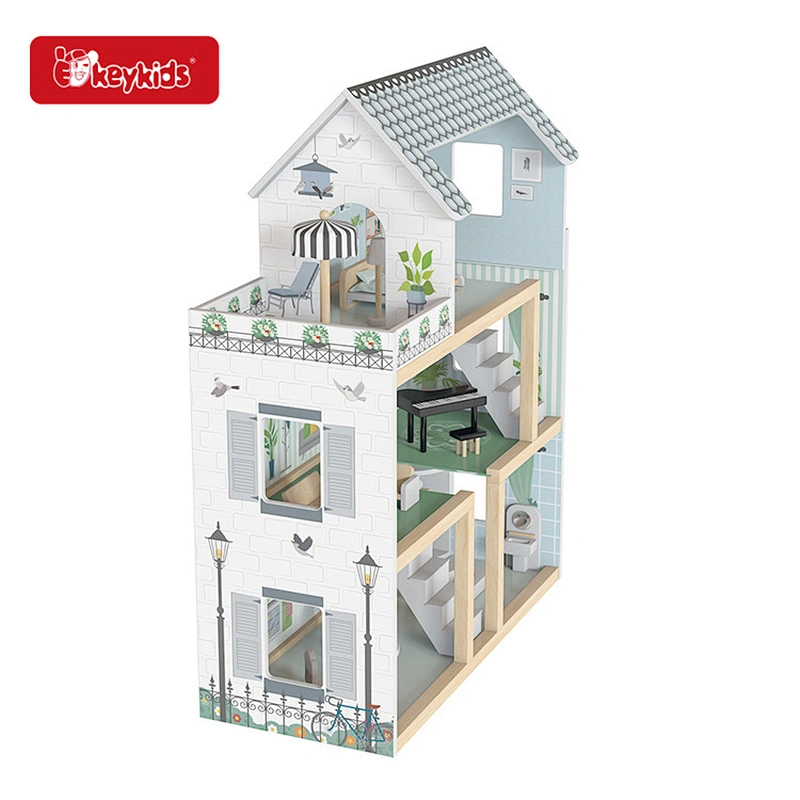 17-Piece Accessories furniture toy kids wooden dollhouse with balcony & stairs W06A413F