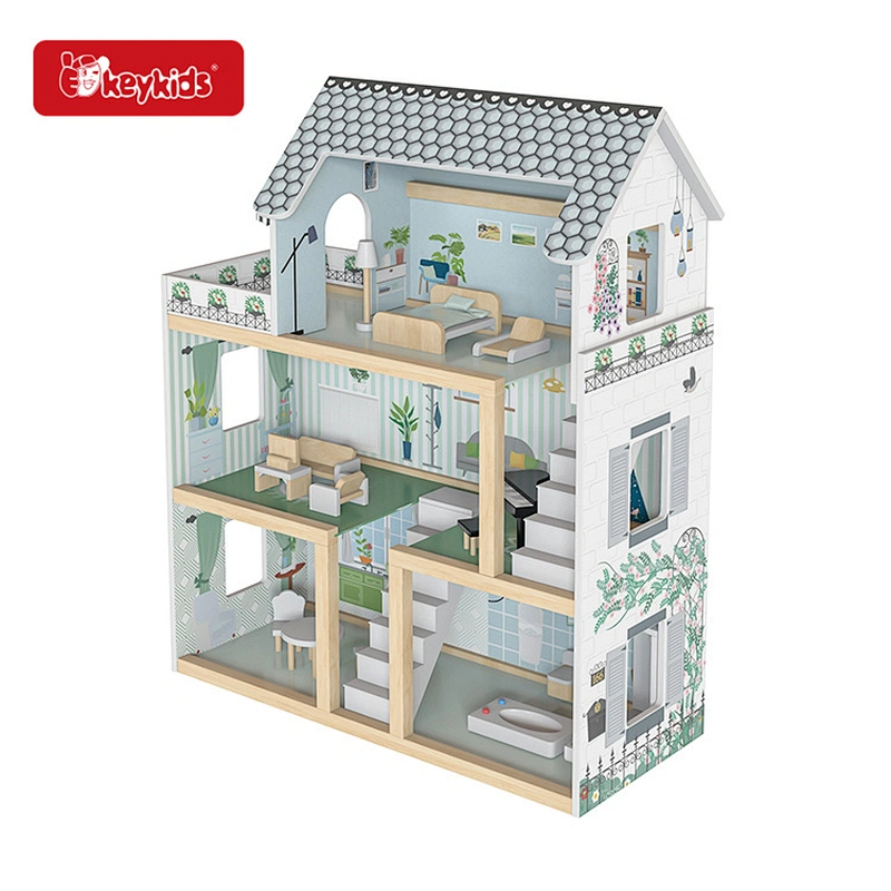 17-Piece Accessories furniture toy kids wooden dollhouse with balcony & stairs W06A413F