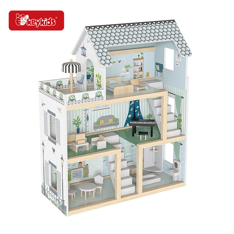 17-Piece Accessories furniture toy kids wooden dollhouse with balcony & stairs W06A413F